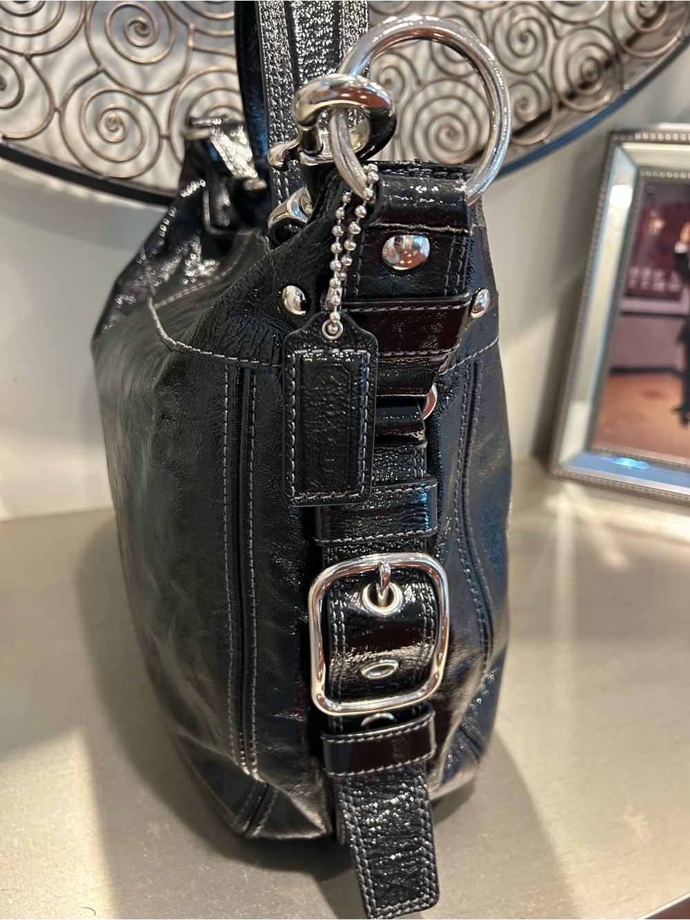 Coach Black Patent Leather Shoulder Bag with Silver Hardware - Picture 5 of 12